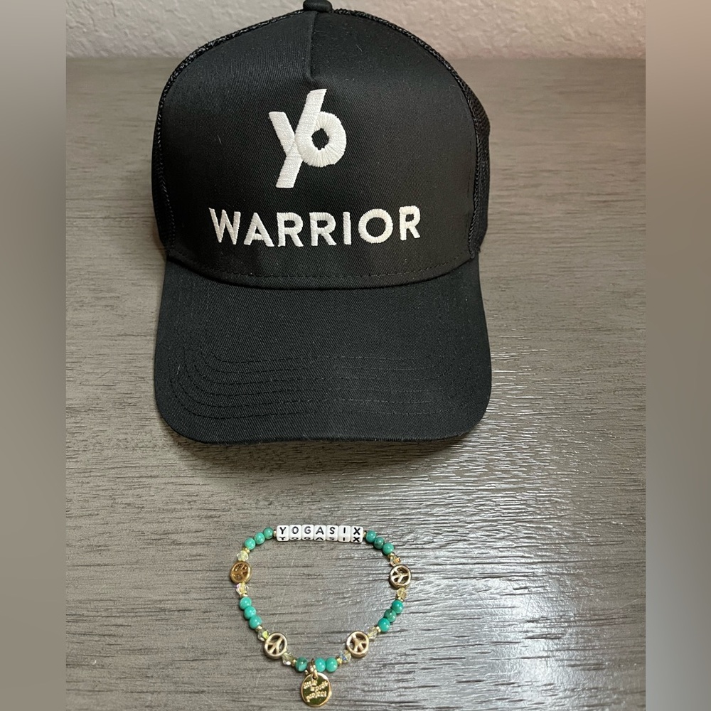 Black YogaSix Y6 Warrior Hat and Turquoise Little Words Project Bracelet Set